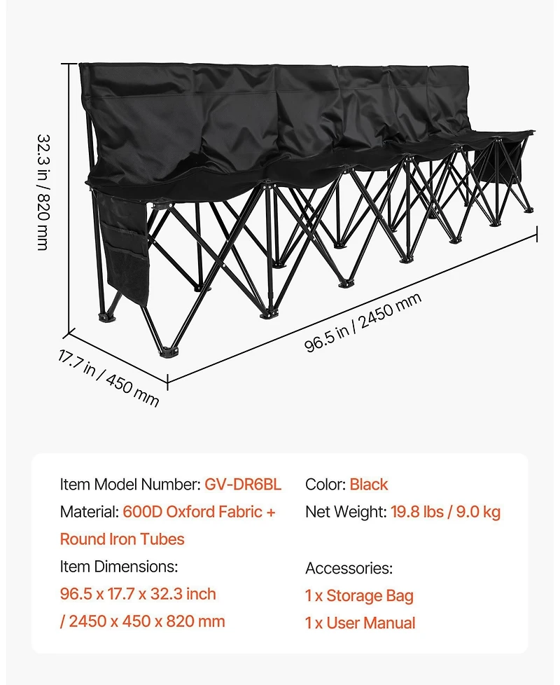 Mecale 6-Seat Portable Folding Sports Bench with Backrest and