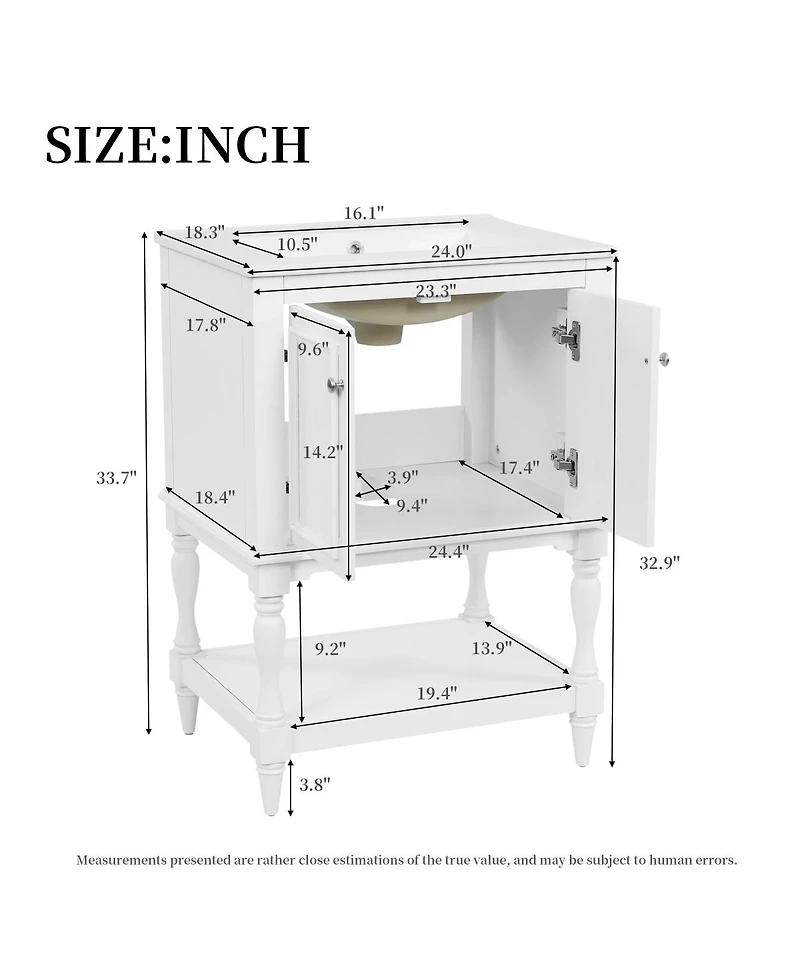 Sillysis 24" Bathroom Vanity with Ceramic Sink, Solid Wood Legs, Carved Palace Style Cabinet, Open Shelf for Small