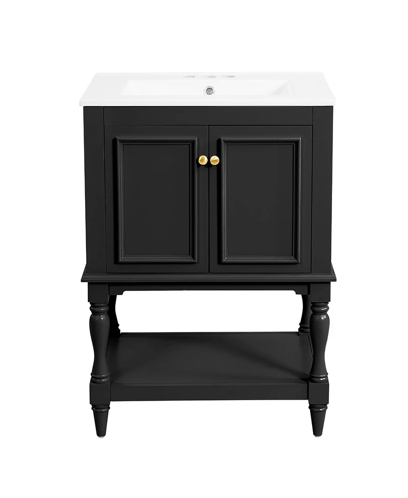 Sillysis 24" Bathroom Vanity with Ceramic Sink, Solid Wood Legs, Carved Palace Style Cabinet, Open Shelf for Small