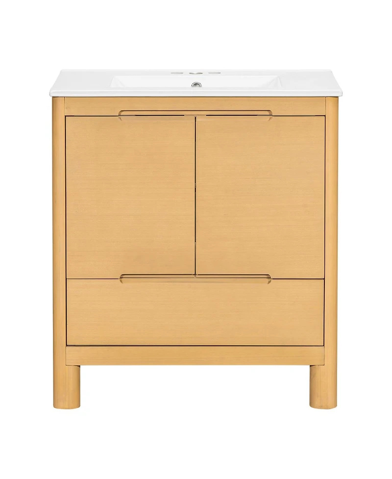 Sillysis 30" Modern Natural Bathroom Vanity with Ceramic Sink, Soft-Close Doors, Bottom Drawer Storage, Freestanding Cabinet