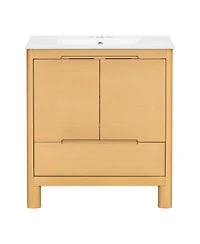 Sillysis 30" Modern Natural Bathroom Vanity with Ceramic Sink, Soft-Close Doors, Bottom Drawer Storage, Freestanding Cabinet