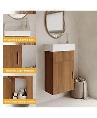 Sillysis 17.6" Small Floating Bathroom Vanity with Ceramic Sink, Walnut Wall Mounted Soft-Close Cabinet for Small Bathroom