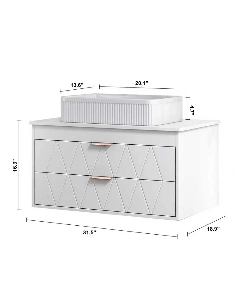 Sillysis Floating Bathroom Vanity with Ceramic Vessel Sink, 2 Soft-Close Drawers, Modern Solid Wood Wall Mounted Cabinet