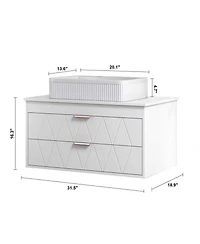 Sillysis Floating Bathroom Vanity with Ceramic Vessel Sink, 2 Soft-Close Drawers, Modern Solid Wood Wall Mounted Cabinet