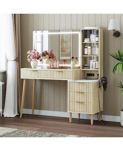 gaomon Modern Fluted Wood Makeup Vanity Desk with Glass Top, 5 Drawers and Charging Station