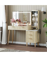 gaomon Modern Fluted Wood Makeup Vanity Desk with Glass Top, 5 Drawers and Charging Station