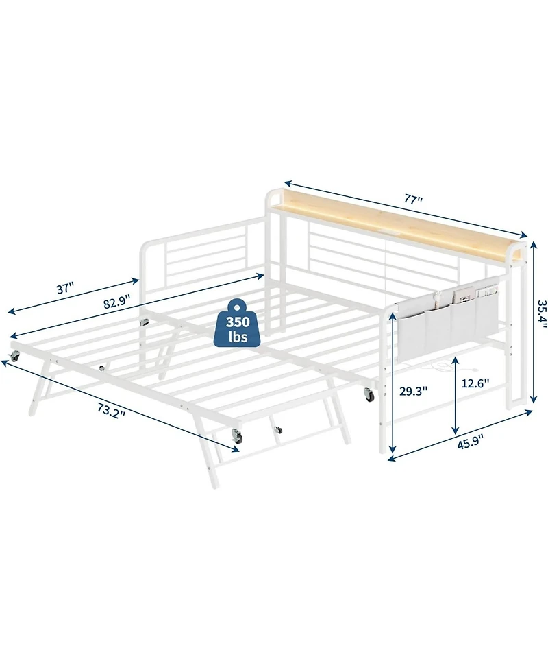 gaomon Daybed with Trundle Bed, Twin Bed Frame with Storage Headboard & Charging Station and Led Light, Heavy Duty Metal Day Bed Pop Up Trundle Bed