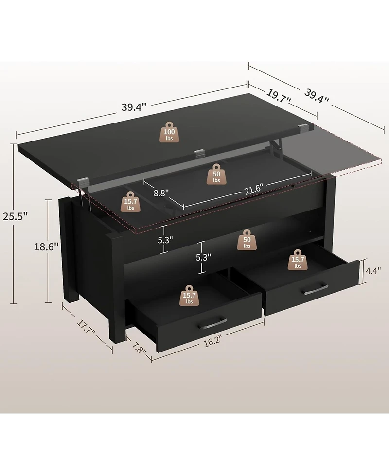 gaomon 40" Convertible Lift-Top Coffee Table with Hidden Compartment and Drawers