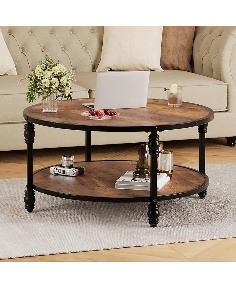 gaomon 31" Round Industrial 2-Tier Wood Coffee Table with Open Storage Shelf