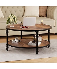 gaomon 31" Round Industrial 2-Tier Wood Coffee Table with Open Storage Shelf