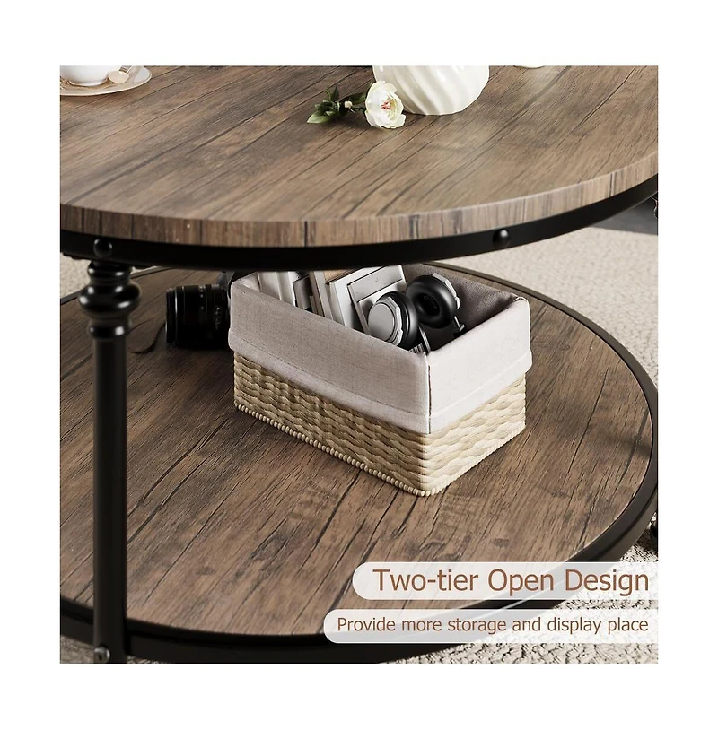 gaomon Round Rustic 2-Tier Wood Coffee Table with Metal Legs and Storage Shelf