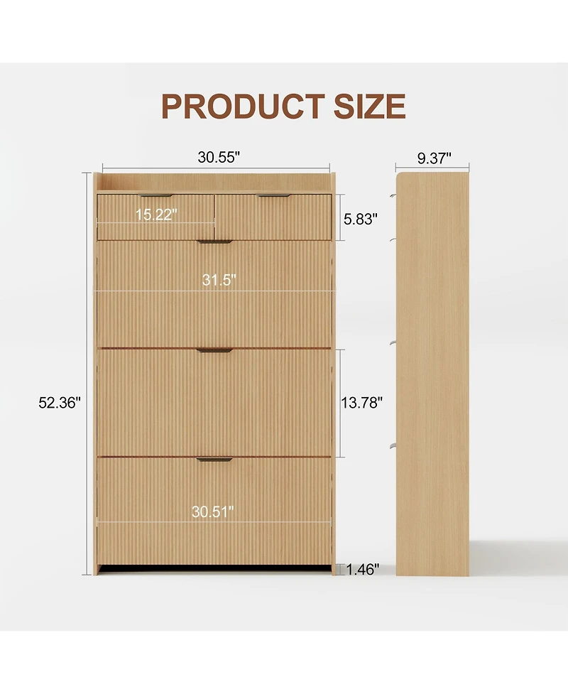 Homfan Modern Natural Shoe Cabinet with 3 Flip Drawers & 2 Small Drawers & Hook, Slim Fluted Shoe Storage Organizer, Narrow Entryway Cabinet
