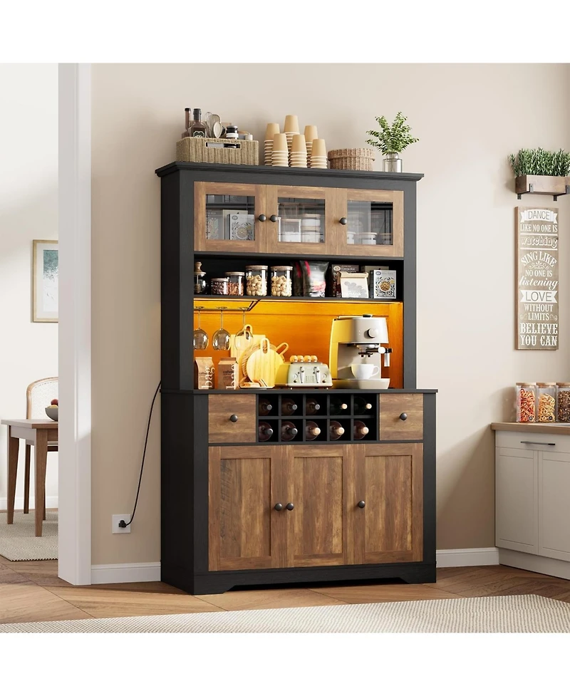 gaomon 68.7" Coffee Bar Cabinet with Led Light & Power Outlet, Farmhouse Kitchen Hutch 2 Storage Drawers, Wine Glass Rack, Adjustable Shelve