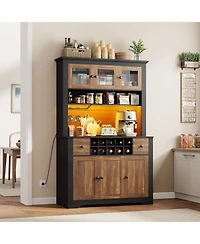 gaomon 68.7" Coffee Bar Cabinet with Led Light & Power Outlet, Farmhouse Kitchen Hutch 2 Storage Drawers, Wine Glass Rack, Adjustable Shelve