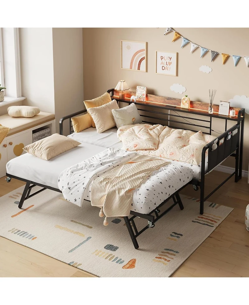 gaomon Daybed with Trundle Bed, Twin Bed Frame Storage Headboard & Charging Station and Led Light, Heavy Duty Metal Day Pop Up