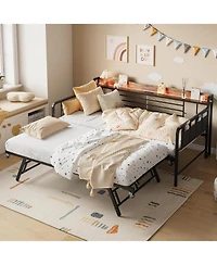 gaomon Daybed with Trundle Bed, Twin Bed Frame Storage Headboard & Charging Station and Led Light, Heavy Duty Metal Day Pop Up