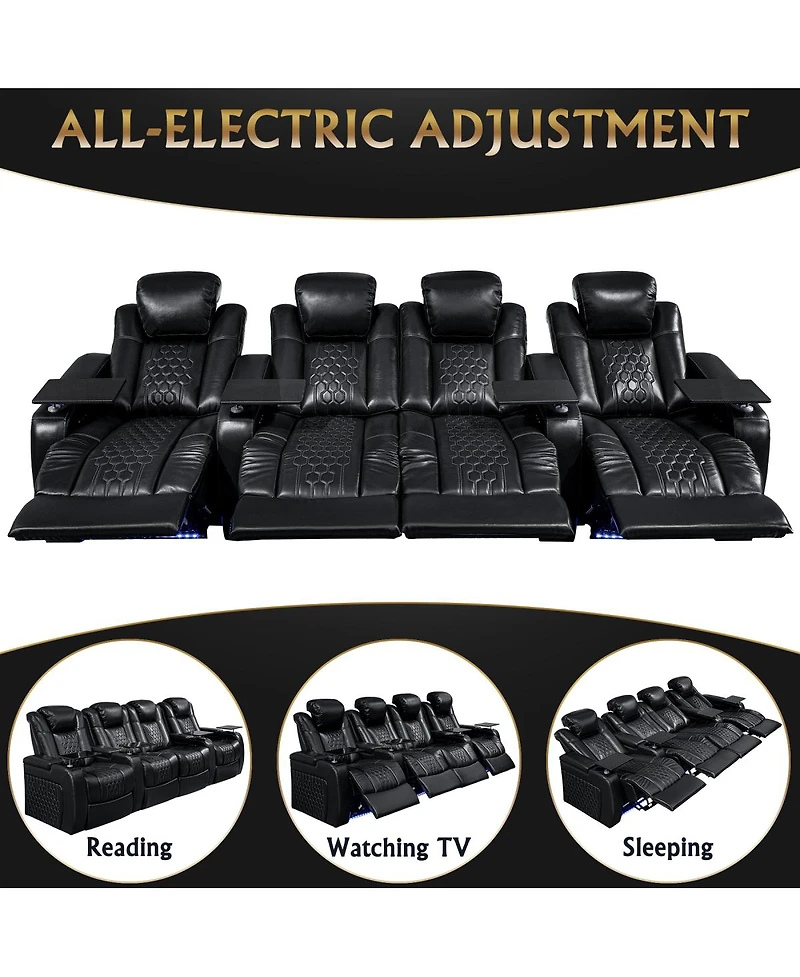 Streamdale Furniture Power Recliner 4 Pc, Top-Grain Nappa, Adjustable, Smart Charging, Rgb Led