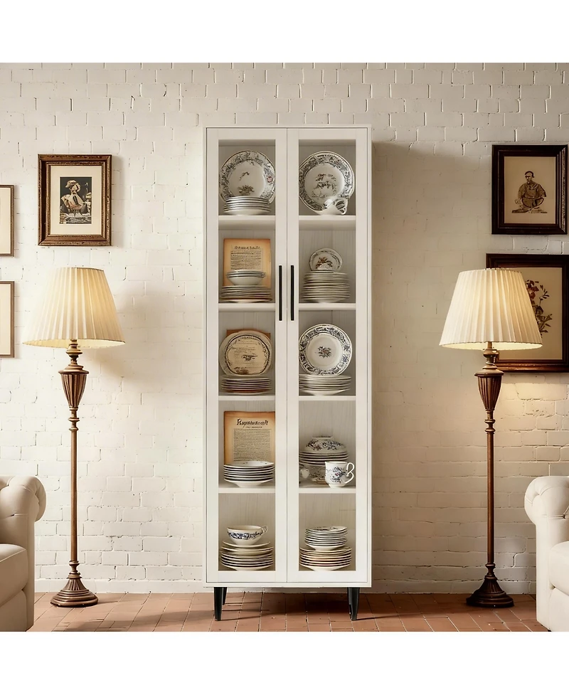 Yigii 71" Glass Door Bookshelf 5-Tier Display Cabinet Narrow Storage