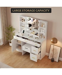 gaomon 56" Farmhouse Makeup Vanity Set with Lighted Mirror, Shelves and Charging Station