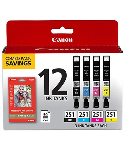 Canon Cli-251 12 Ink Combo Pack with Canon Photo Paper Plus Glossy 4x6" 50 Sheets for MG5620, MG6620, MG7520 Pixma Series Printers