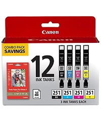 Canon Cli-251 12 Ink Combo Pack with Canon Photo Paper Plus Glossy 4x6" 50 Sheets for MG5620, MG6620, MG7520 Pixma Series Printers
