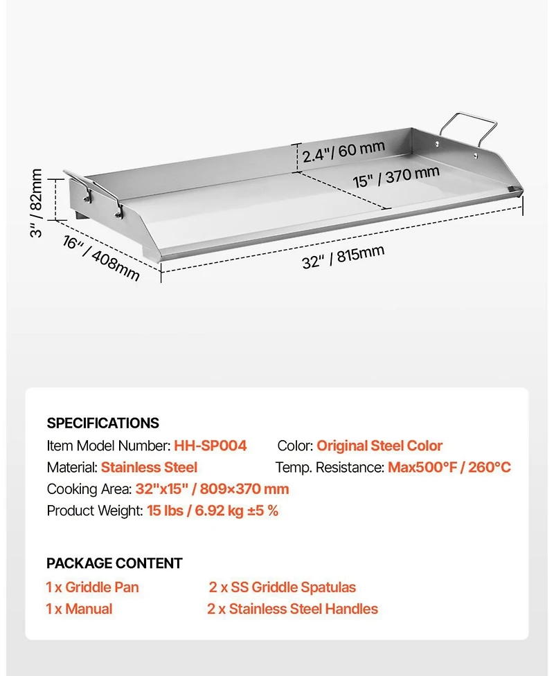 Ecooso 32 x 16 Inch Stainless Steel Griddle Plate for Gas Grill with Handles
