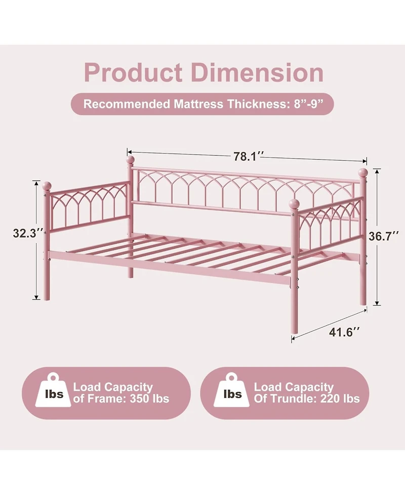 gaomon Daybed with Trundle, Metal Sofa Bed with Rgb Led Lights And Charging Station, Pull-Out Bed for Small Spaces