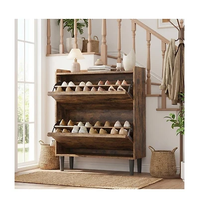 Homfan Shoe Cabinet with 2 Flip Drawers, Hidden Shoe Storage Organizer for Entryway,Wooden Shoe Rack with Adjustable Shelf, Space-Saving Shoe Cupboard