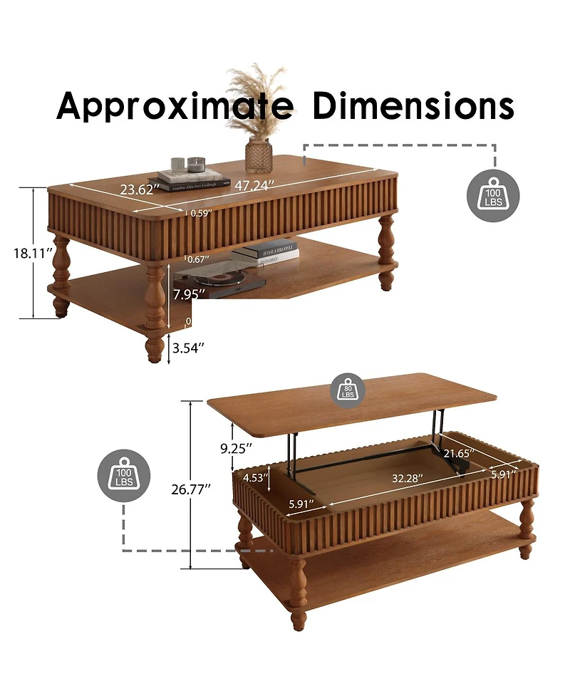 Streamdale Furniture Vintage Lift Top Coffee Table - Solid Wood, Tool-Free Assembly