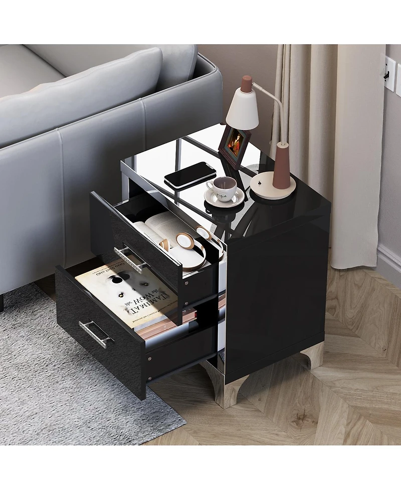 Streamdale Furniture Mirrored 2 Drawer High Gloss Bedside Table – Modern Nightstand