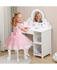 gaomon Kids Vanity Set with Adjustable Lighted Mirror, Stool, Drawer and Shelves