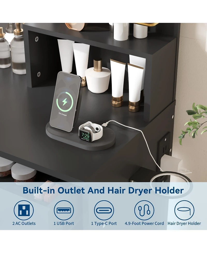 gaomon Makeup Vanity Set with Lighted Mirror, Chair, Drawers, Open Cabinet and Charging Station