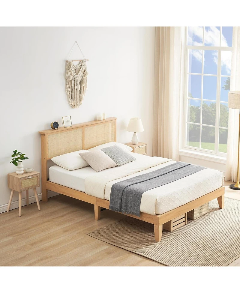 gaomon Full Bed Frame With Rattan Headboard and Led Lights Boho Platform Strong Wood Slats Noise Free No Box Spring