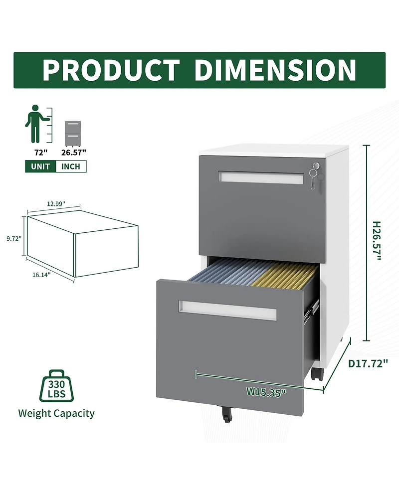 Rainsken 2-Drawer Mobile File Cabinet with Lock, Metal Storage Cabinet on 360° Wheels for Home Office Organizer, Holds A4/Letter/Legal Files