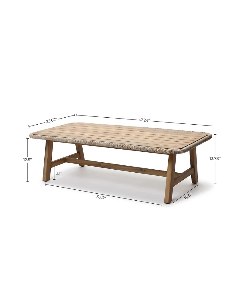 LuxenHome 47" Outdoor Coffee Table for Patio, Acacia Wood Patio Table with Woven Trim, Rectangular Outdoor Table for Patio, Balcony, and Porch