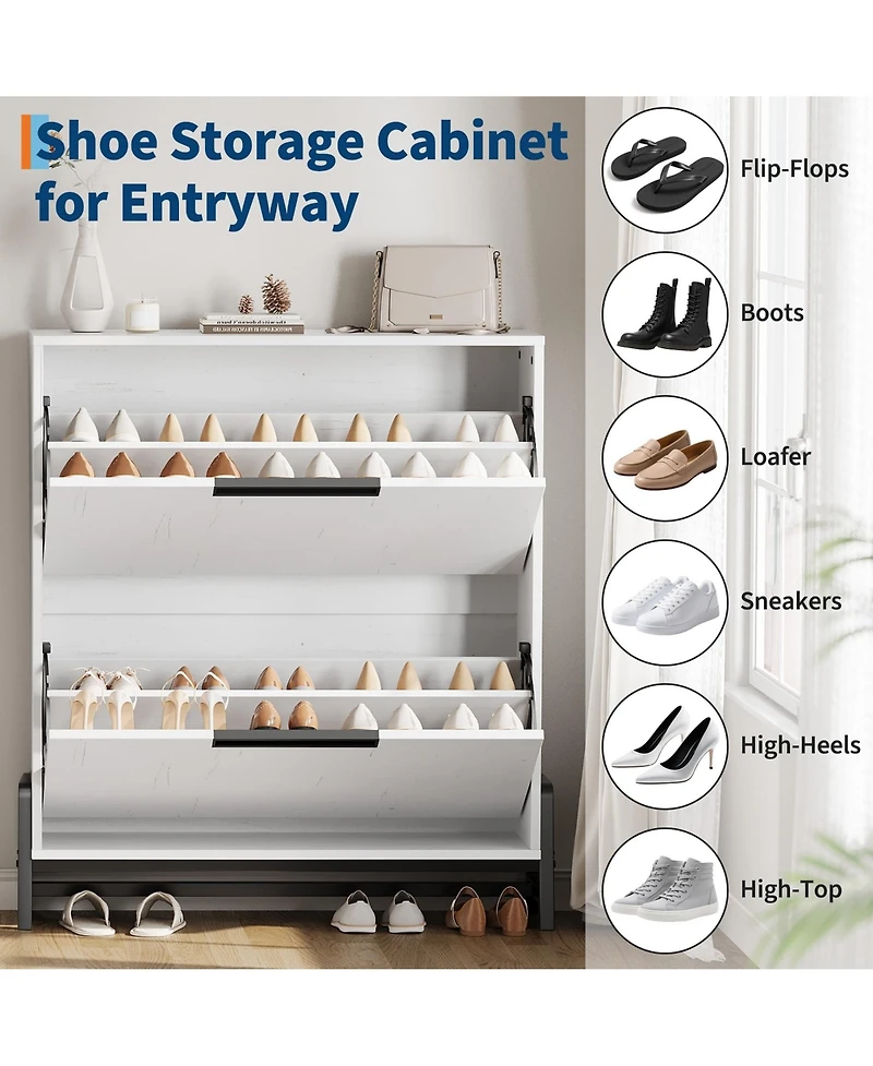 Homfan Shoe Storage Cabinet with 2 Flip Drawers & Metal Legs, Freestanding Narrow Organizer, Adjustable Shelf Entryway Rack for Hallway