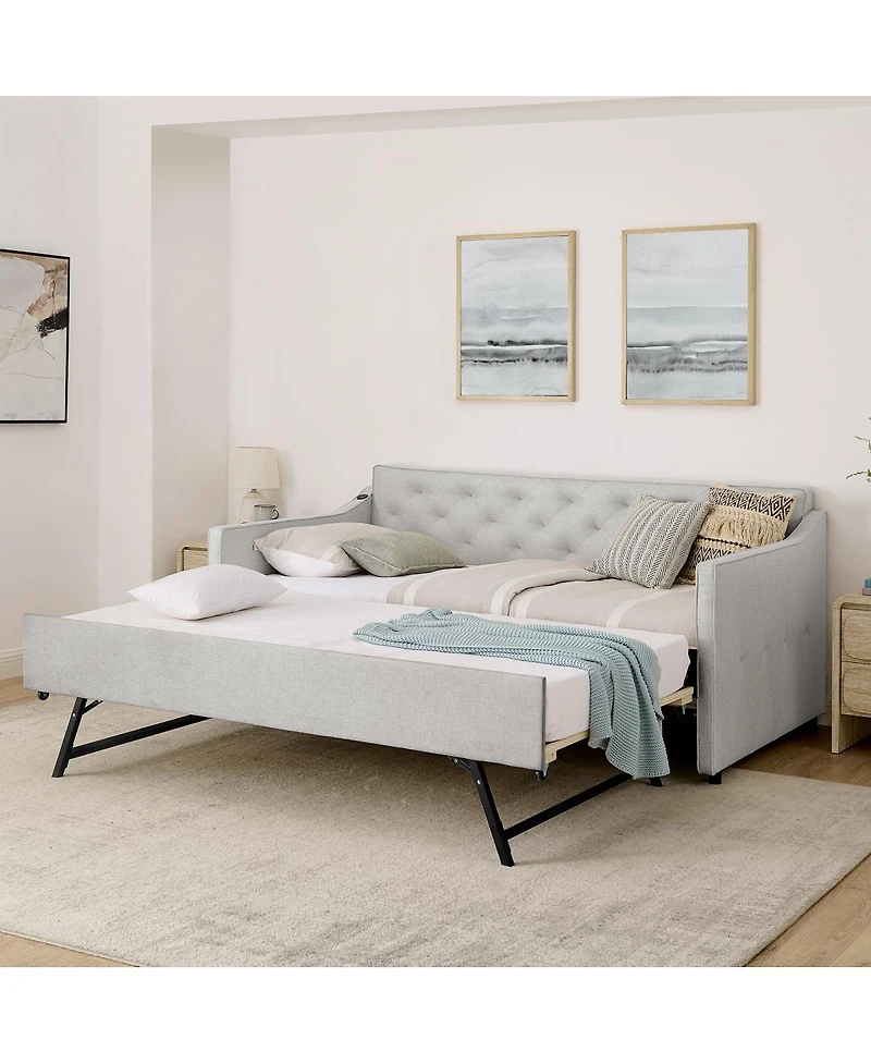 Streamdale Furniture Twin Upholstery DayBed with Pop-up Trundle & Usb Charging