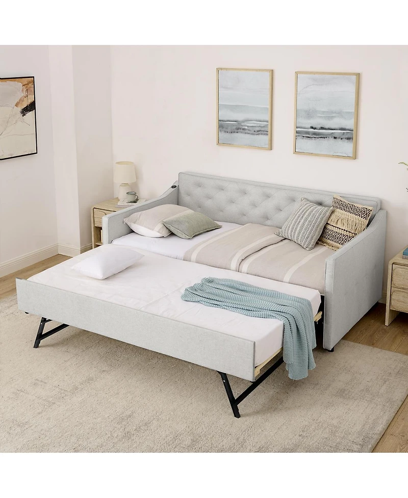 Streamdale Furniture Twin Upholstery DayBed with Pop-up Trundle & Usb Charging
