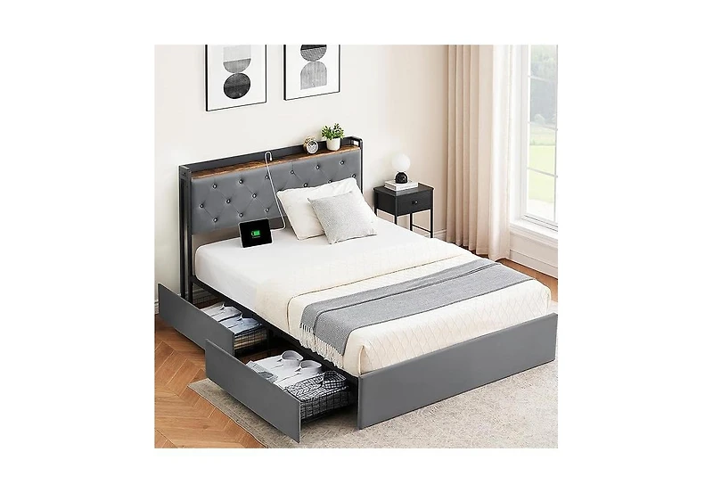 gaomon Bed Frame With Headboard and 4 Drawers Velvet Upholstered Frame With Charging Station Quiet Easy To Assemble