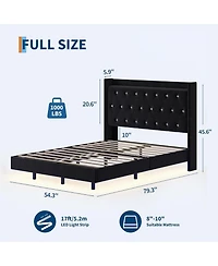 gaomon Floating Bed Frame with Led Lights, Velvet Upholstered Platform, Storage Headboard