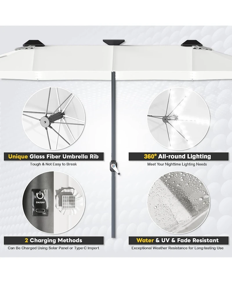 Aecojoy 15ft Double-Sided Patio Umbrella with Solar Lights Base Include Crank Handle|156 Piece Led