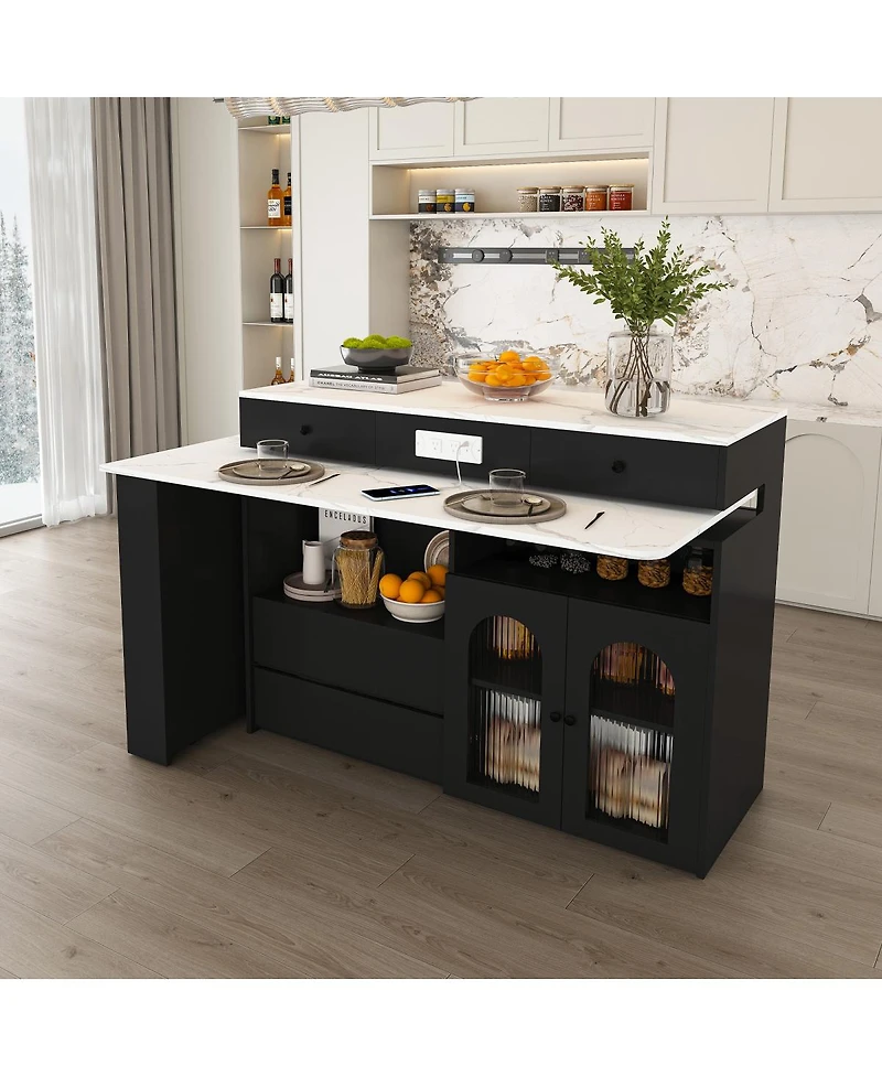 Streamdale Furniture Kitchen Island with Extendable Rotating Table, Marble Veneer, 4 Drawers & Cabinets
