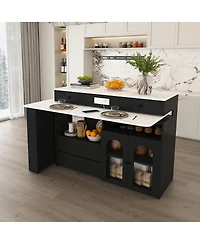 Streamdale Furniture Kitchen Island with Extendable Rotating Table, Marble Veneer, 4 Drawers & Cabinets