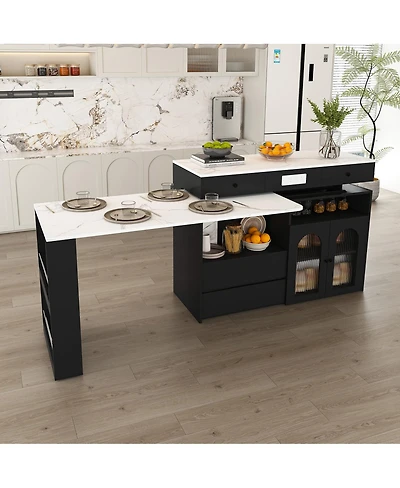 Streamdale Furniture Kitchen Island with Extendable Rotating Table, Marble Veneer, 4 Drawers & Cabinets
