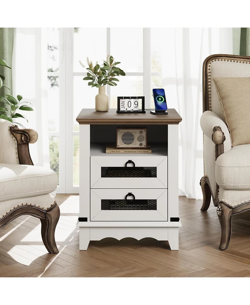 gaomon Farmhouse Nightstand with 2 Drawers, Open Cubby and Charging Station