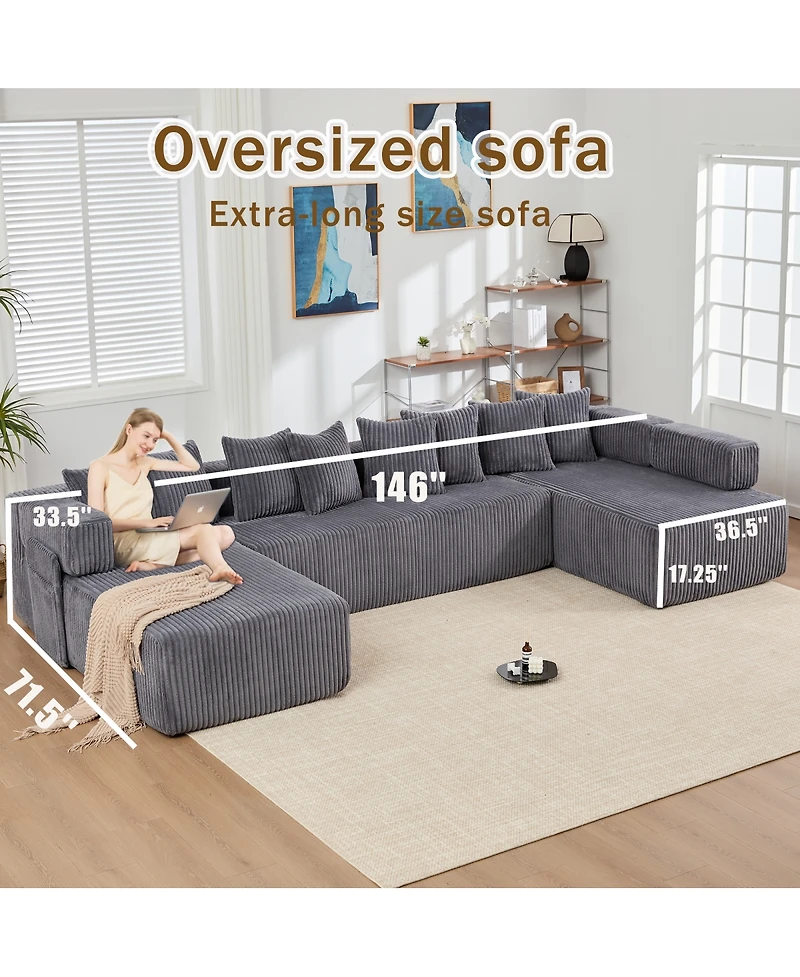 Streamdale Furniture 146" U-Shaped 5-Seat Convertible Sleeper Sectional Sofa w/ 8 Pillows