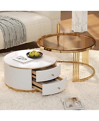 Streamdale Furniture Modern 2-Piece Round Nesting Coffee Table with Drawers & Glass Top