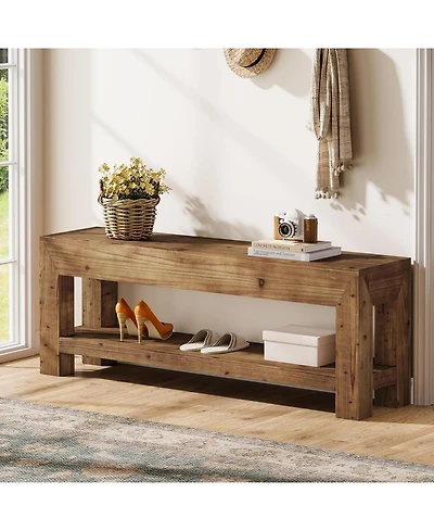Tribesigns 47.24" Solid Wood Entryway Bench, 2-Tier Narrow Rustic Wooden Shoe Bench