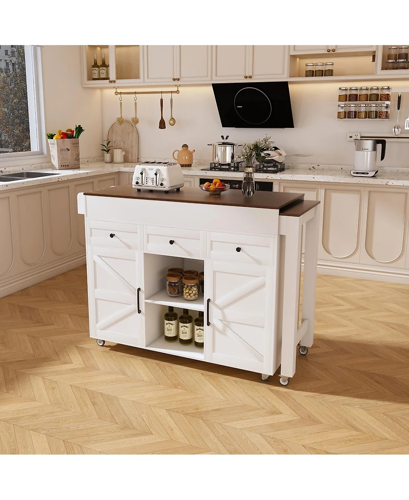 Streamdale Furniture 74.8" White Kitchen Island with Extendable Table, Power Outlet & Storage