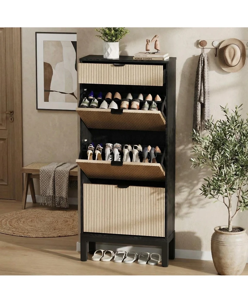 Homfan Shoe Storage Cabinet for Entryway with 3 Flip Drawers, Modern Rack Metal Legs, Freestanding Narrow Slim Organizer